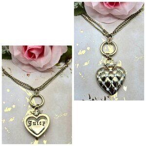 Juicy Couture Reversible Quilted Crystal Crown Heart Gold Tone Pendant Necklace